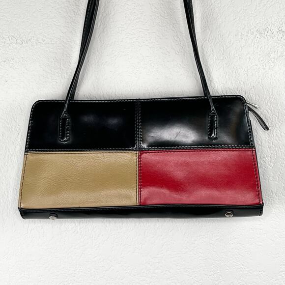 Colorblock Black Red Tan Faux Leather Shoulder Bag Handbag Purse Small - Picture 5 of 14